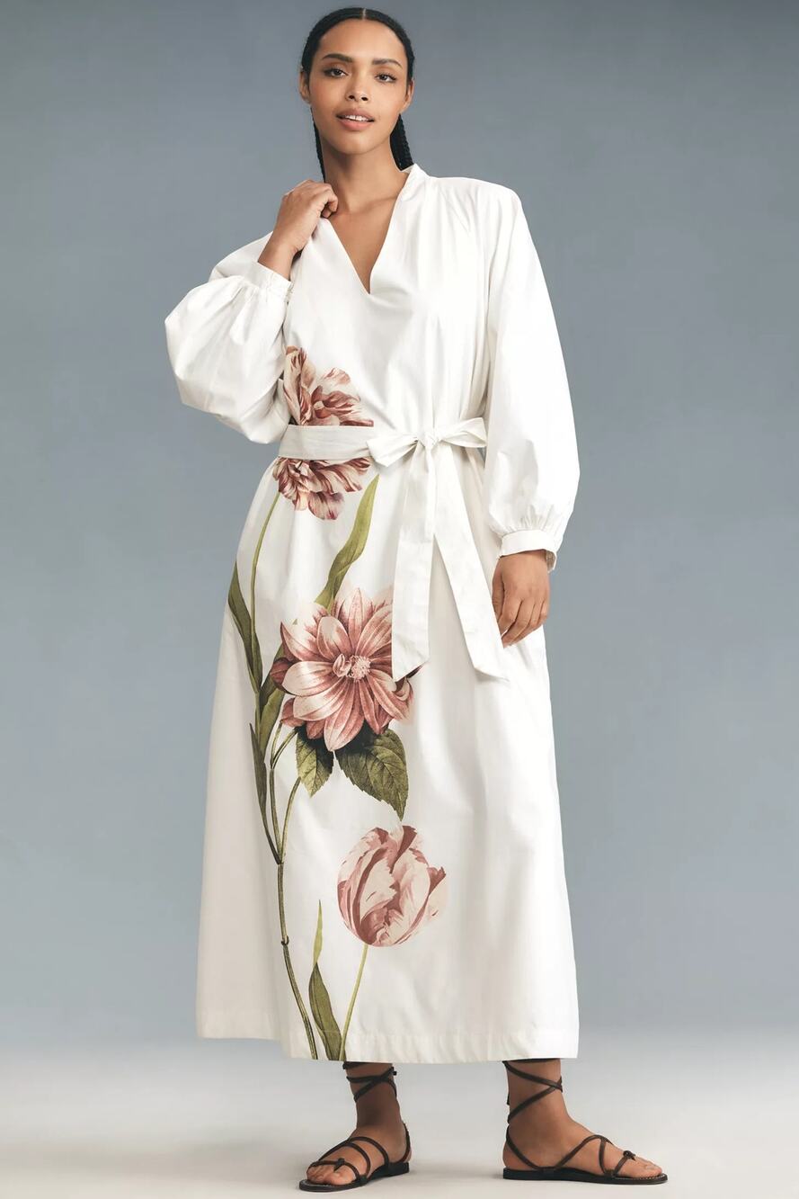 nwt by ANTHROPOLOGIE sz XL Belted V-Neck Floral Midi dress in white - Picture 1 of 5